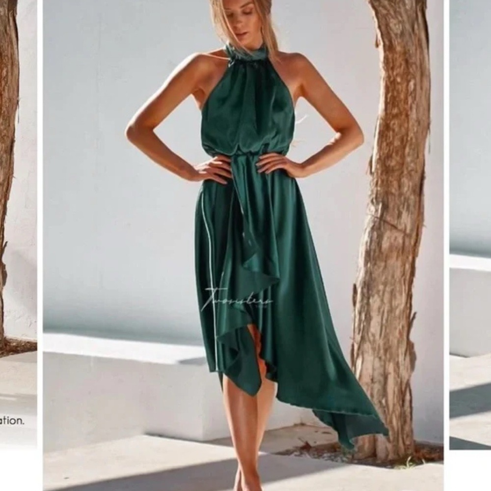 Twosisters The‎ Label Forest Green Satin Halter High Low Cocktail Dress NWT Sz 8